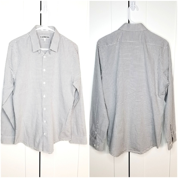 Express Womens Gray/WhiteTextured Plaid Slim Fit Longsleeve Casual Buttondown, L - Picture 1 of 7